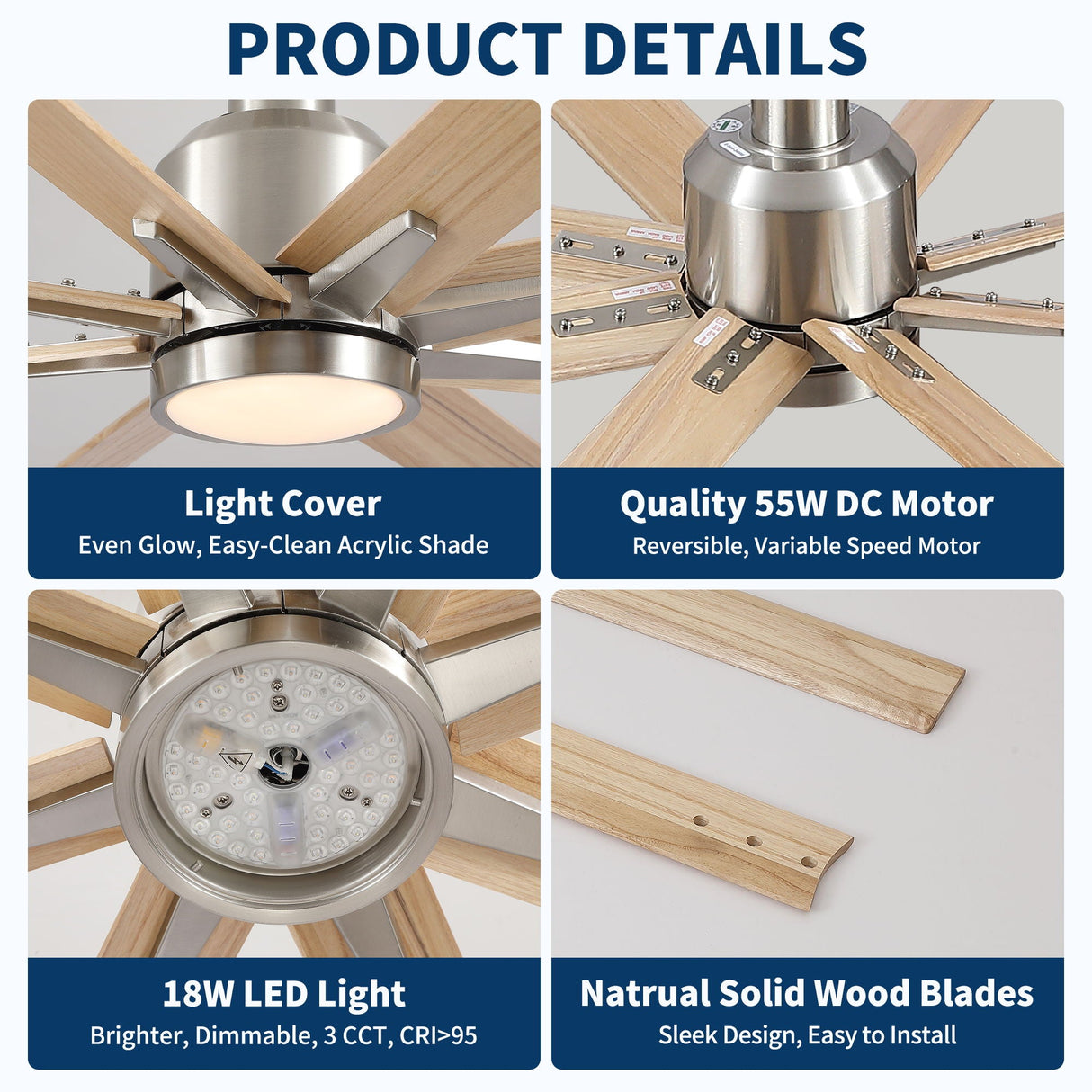 Oversized Large Ceiling Fan With Dimmable LED Light, 8 Blades, Remote Control