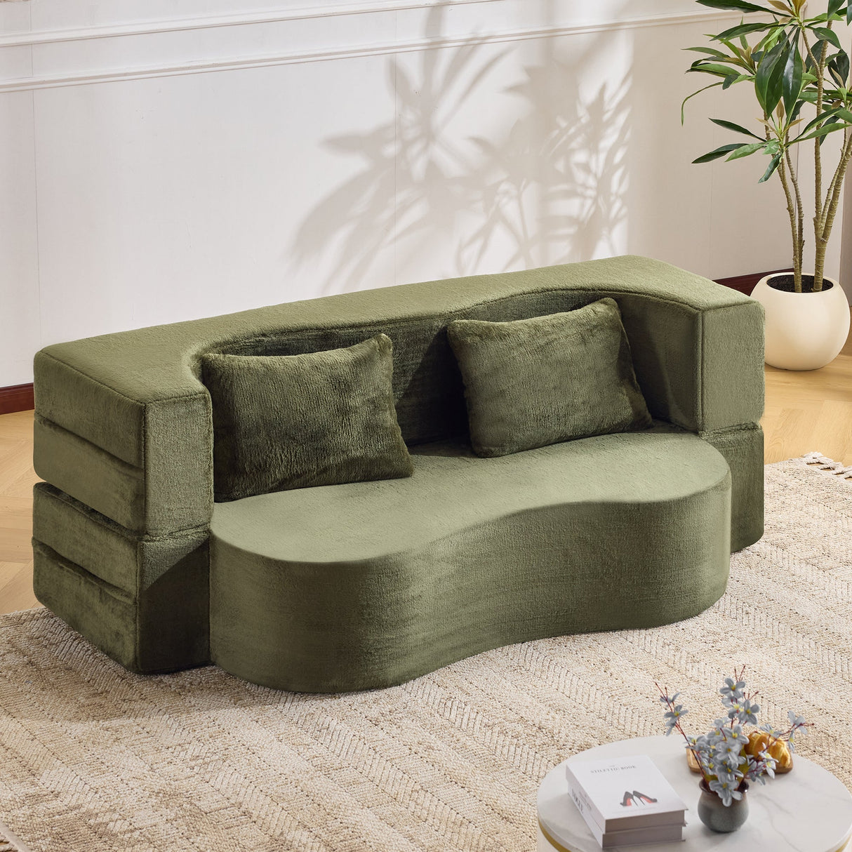 71-Inch Folding Sofa Bed in Green Plush Faux Fur