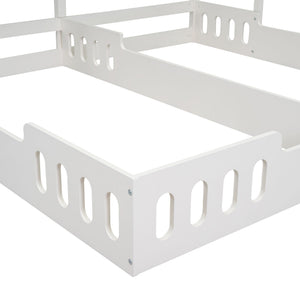 Twin Size Platform Bed With Shared Design, Guardrails, And Built In Shelves - Creamy White