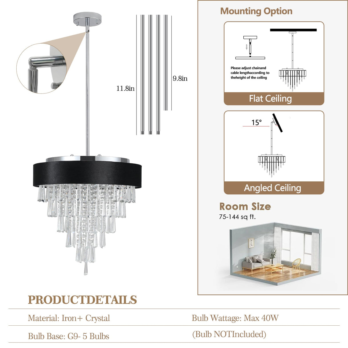 18-inch Modern Crystal Chandelier with Black Velvet Shade