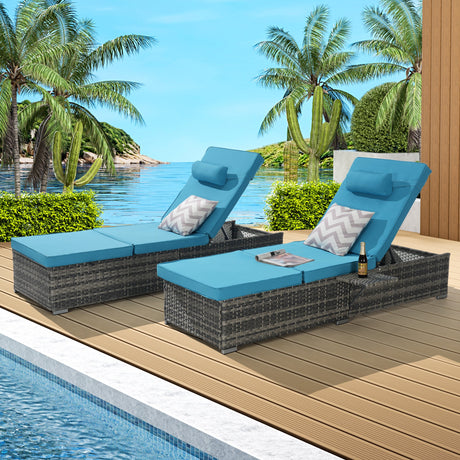 2-Piece Outdoor Rattan Chaise Lounge Set – Adjustable Reclining Loungers with Cushions