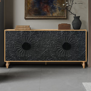 Black Carved Symmetrical Design Door And Wood Coloured Frame TV Stand