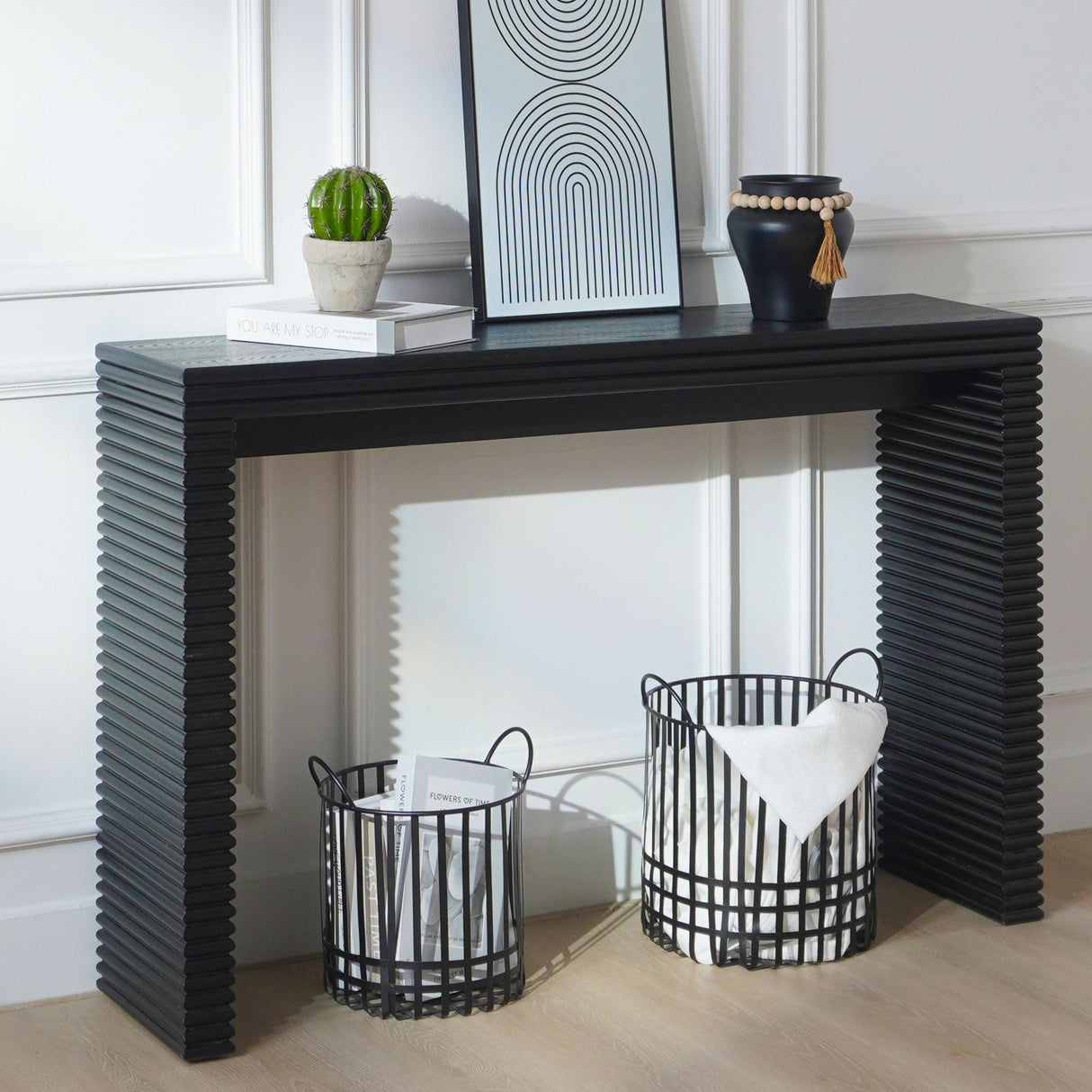47" Modern Black Wood Console Table with Ribbed Legs