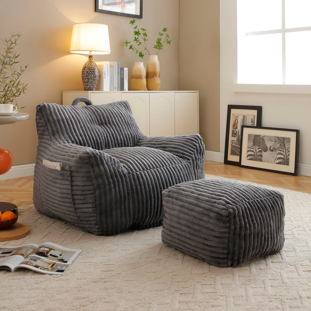 Giant Bean Bag Chair With Armrests And Footstool