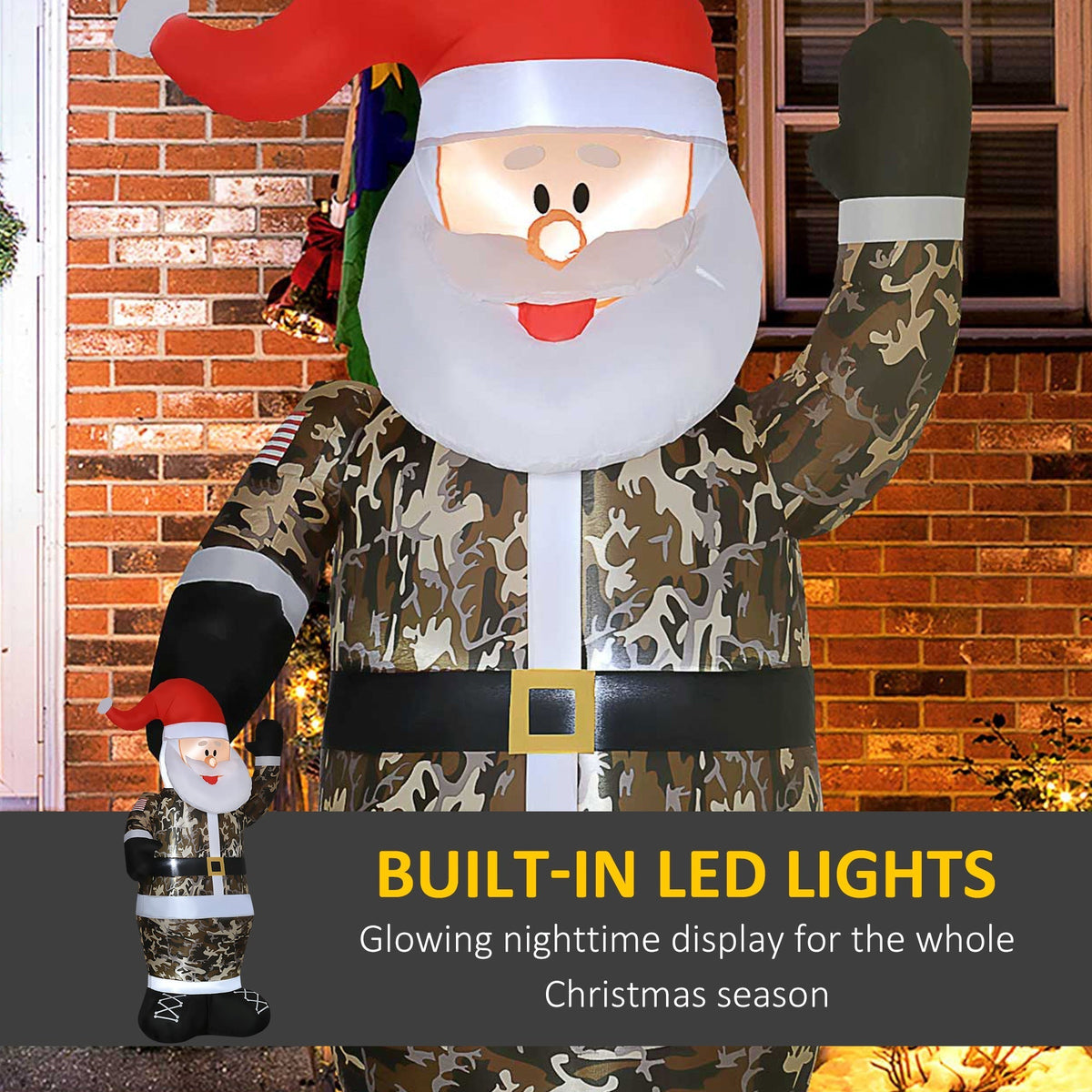 Camouflage Santa Claus Inflatable Christmas Decoration with LED Lights - Outdoor