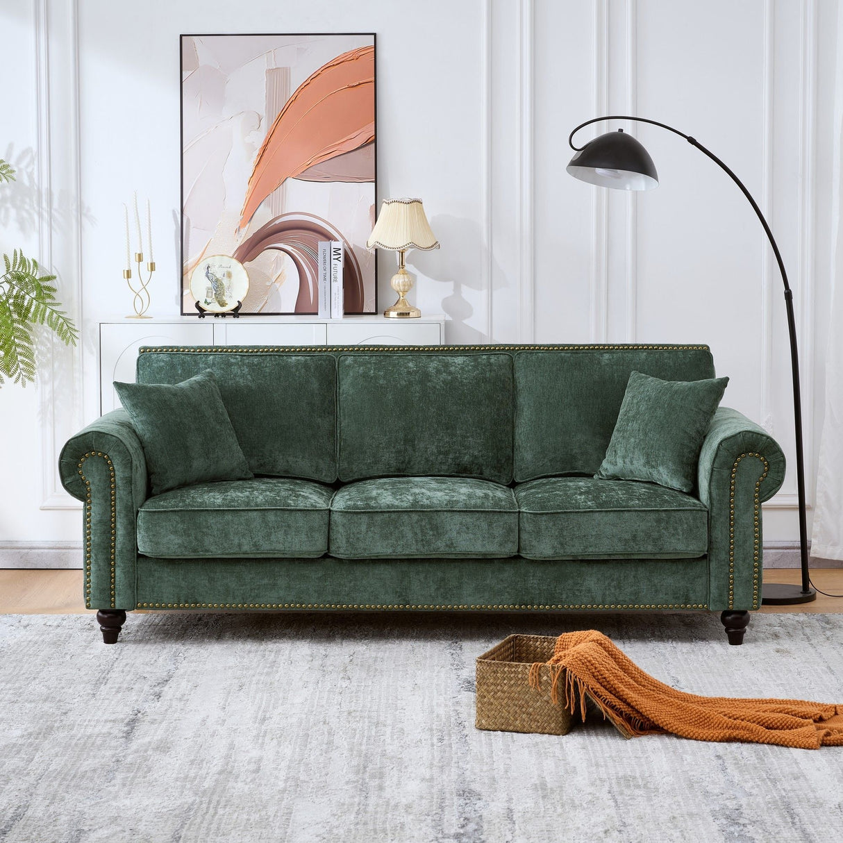 3 Seater Sofa With Tufted Upholstery, Rolled Arms, Nailhead Trim
