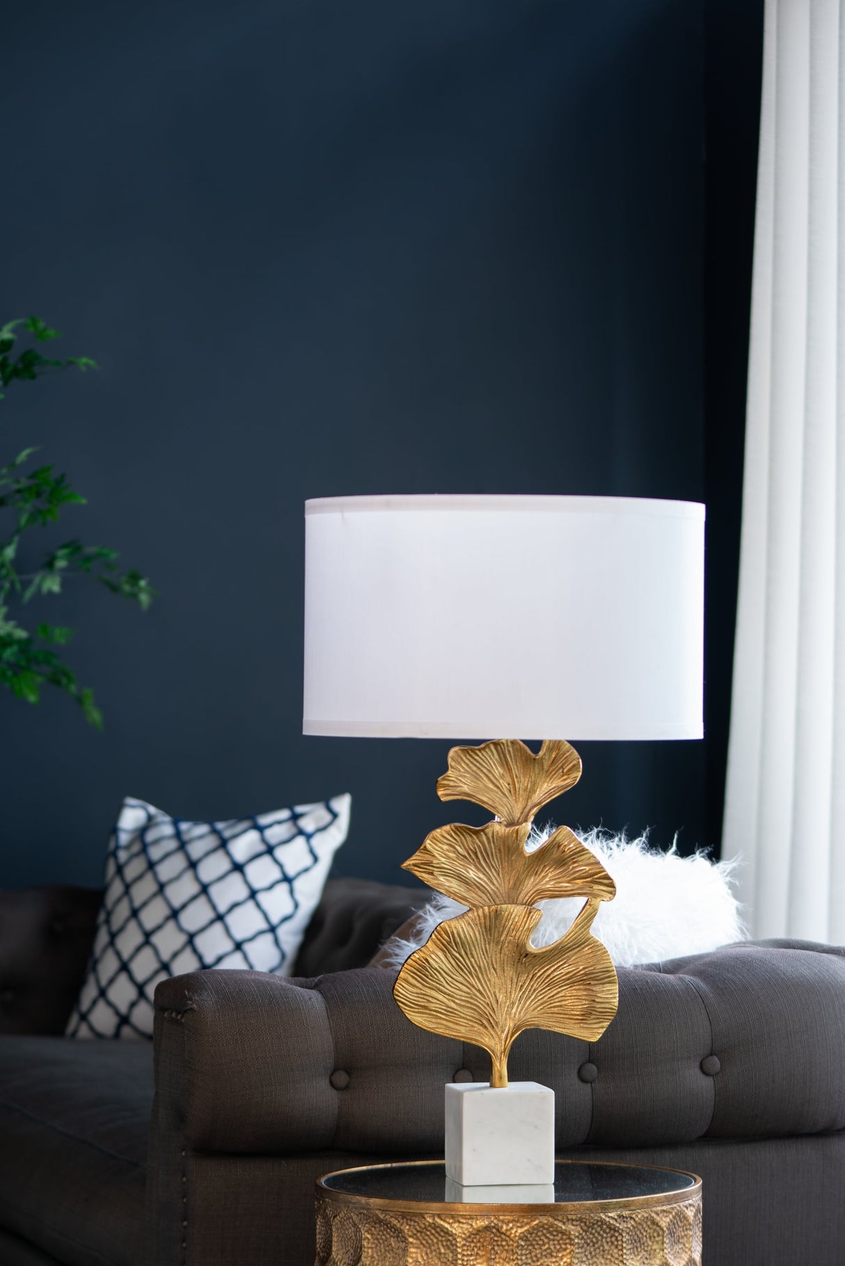 Gold Ginkgo Leaf Table Lamp with Marble Base and White Drum Shade