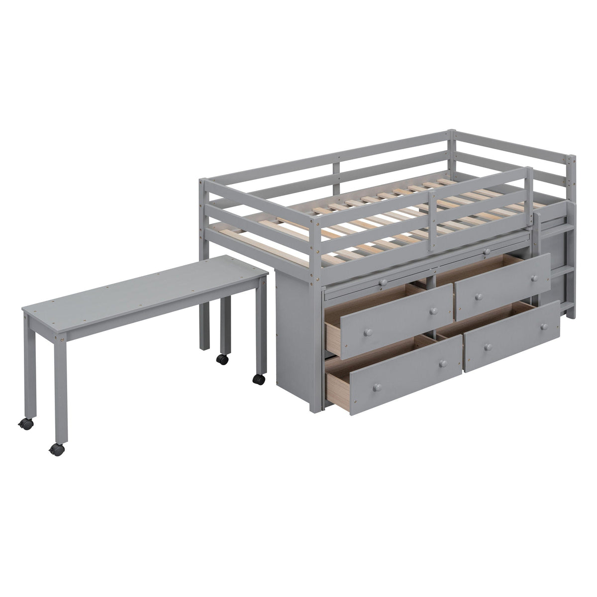 Loft Bed With Retractable Writing Desk And 4 Drawers, With Lateral Portable Desk And Shelves