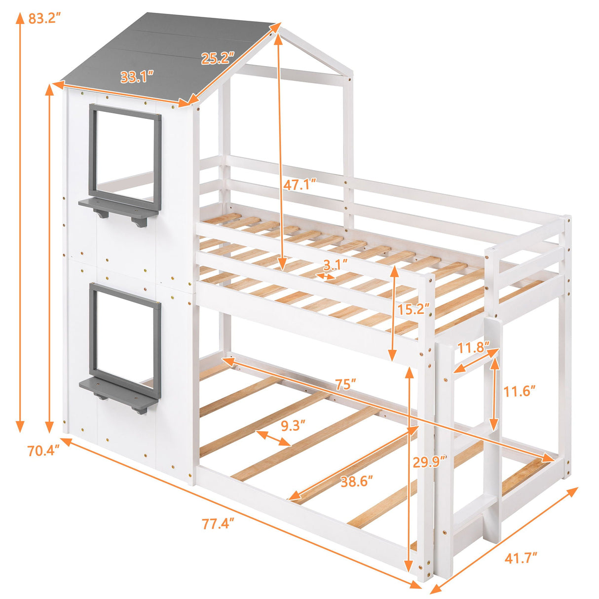 Bunk Bed Wood Bed & Roof, Window, Guardrail, Ladder