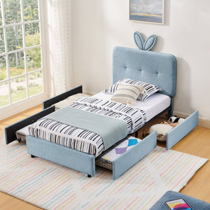Twin Size Kids Upholstered Bed with Oversized Rabbit Ear Headboard, LED Light & 4 Storage Drawers, Boucle Fabric (79.5''X40.75''X41'')