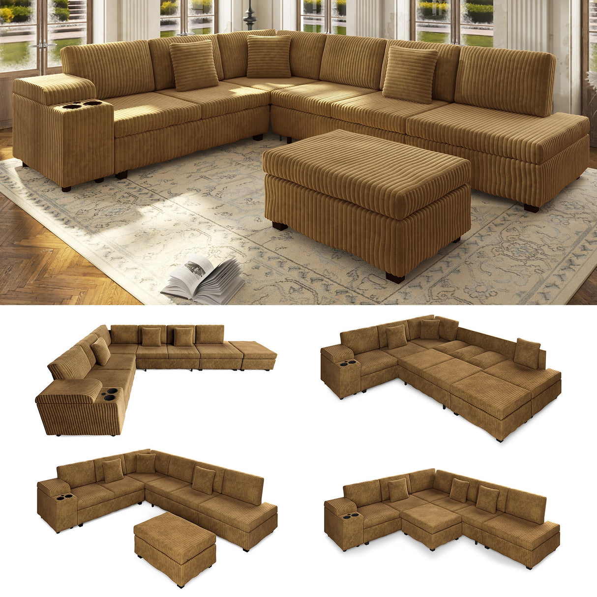 110.2" L-Shaped Sectional Sofa Set with Removable Ottoman in Camel