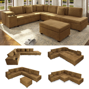 110.2" L-Shaped Sectional Sofa Set with Removable Ottoman in Camel