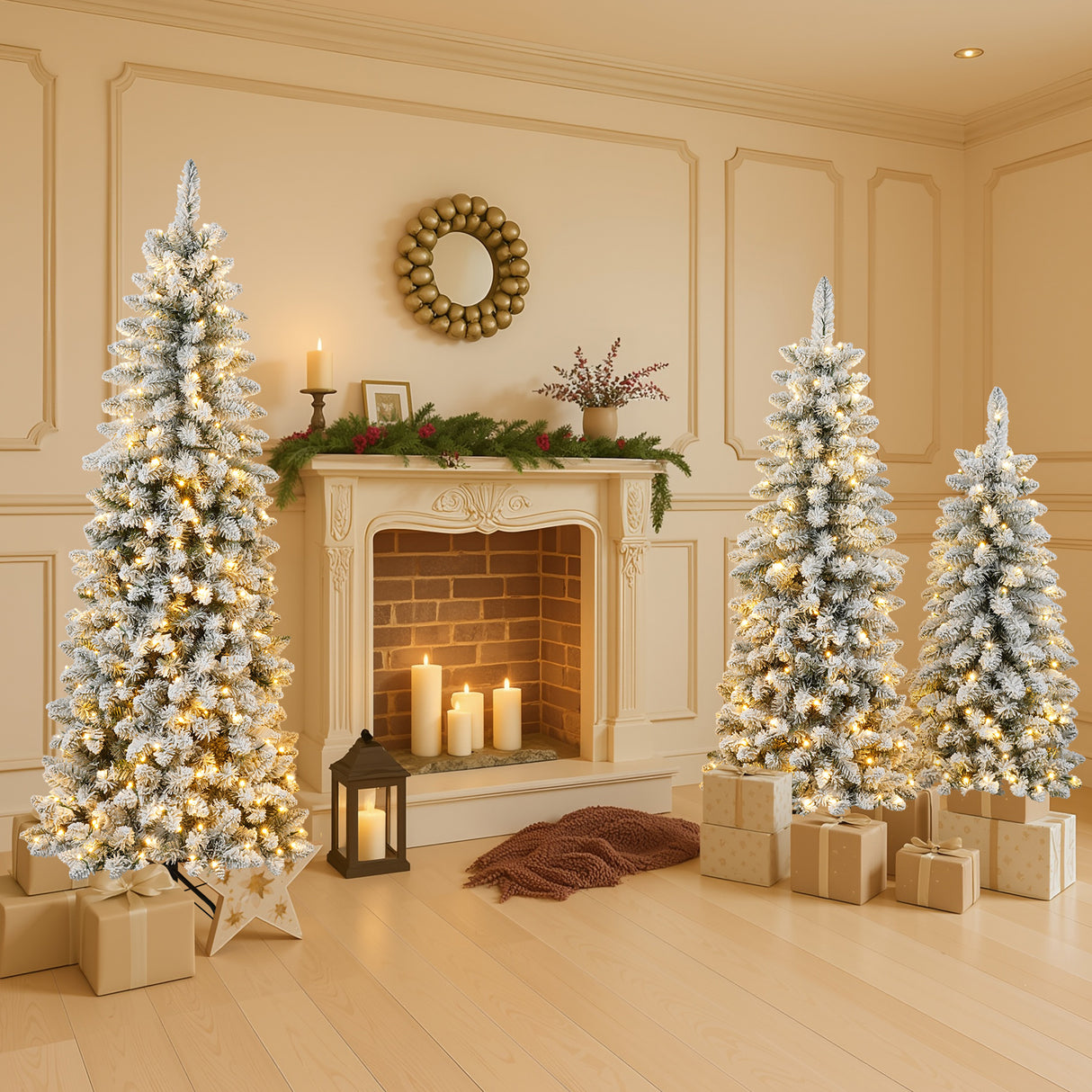 3 Pcs Flocked Artificial Christmas Tree Set with Lights, 4ft 5ft 6ft Christmas Snow Tree Set, Christmas Decor