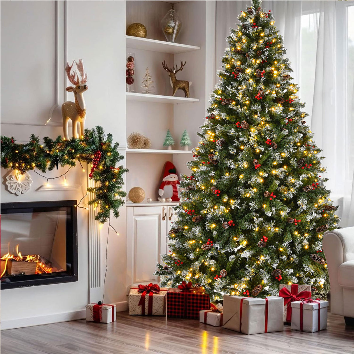 9ft Pre-Lit Pre-Decorated Pine Hinged Artificial Christmas Tree