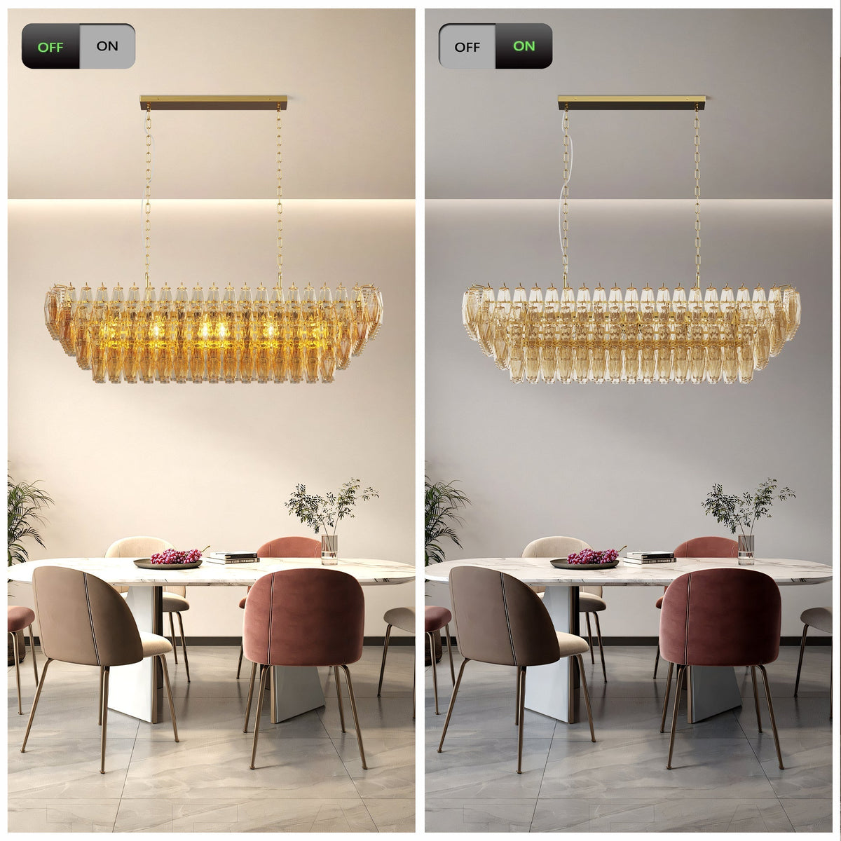 Modern Chandeliers for Dining Room, 54' Large Rectangle Gold Kitchen Chandelier Over Table, 12-Light with Smoke Glass Ceiling Lights, Farmhouse Pendant Lighting Fixture for Living Room Bedroom