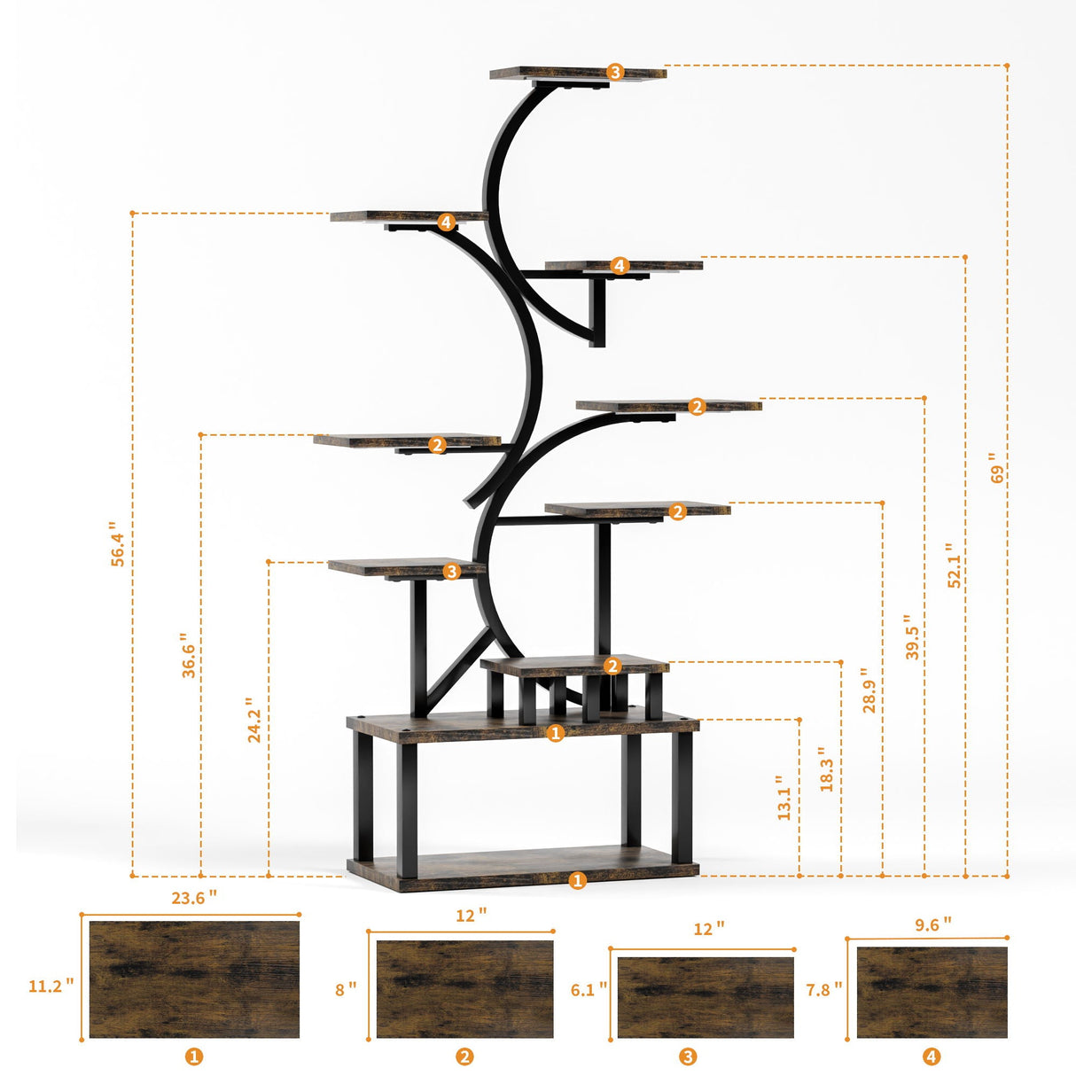S - Shaped, 10 Tier Plant Stand With 5 Grow Lights - Deep Rustic Brown