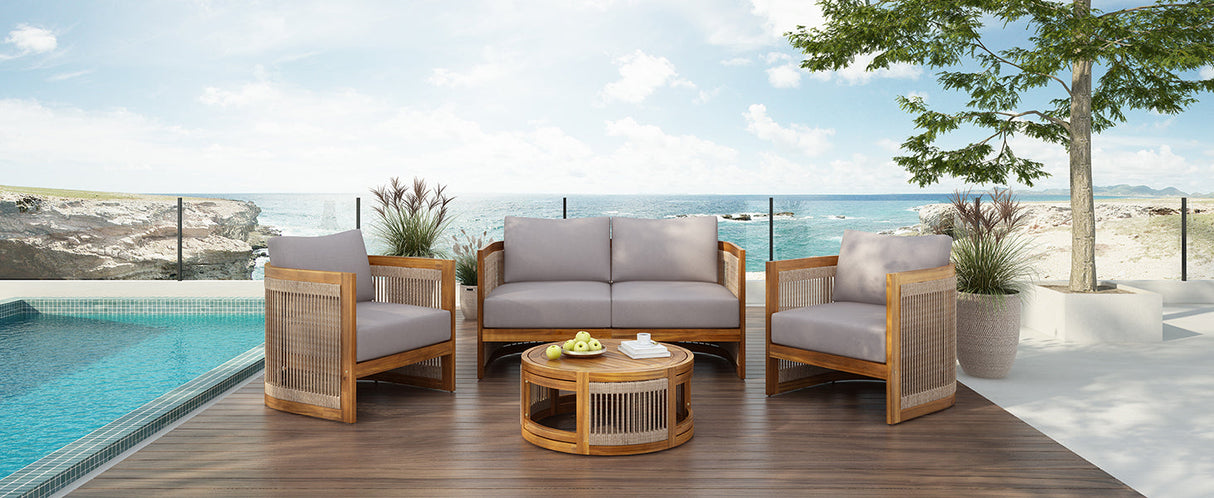 4-Piece Patio Seating Group with Acacia Wood and Woven Rope Accents