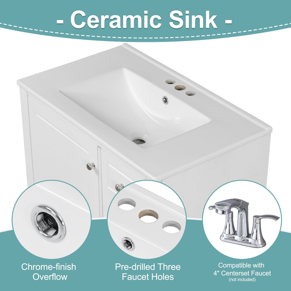Freestanding Bathroom Vanity With Sink, Soft Close Door, 3 Drawers