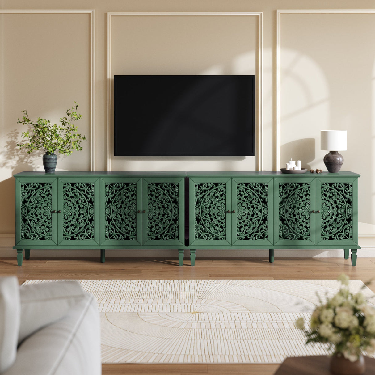 60' Antique Buffet Cabinet with Floral Carvings