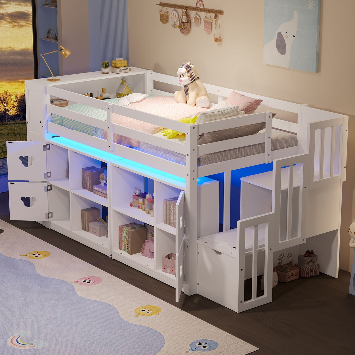 Loft Bed with Storage Cabinets, Staircase Drawers & LED Lights