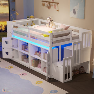 Loft Bed with Storage Cabinets, Staircase Drawers & LED Lights