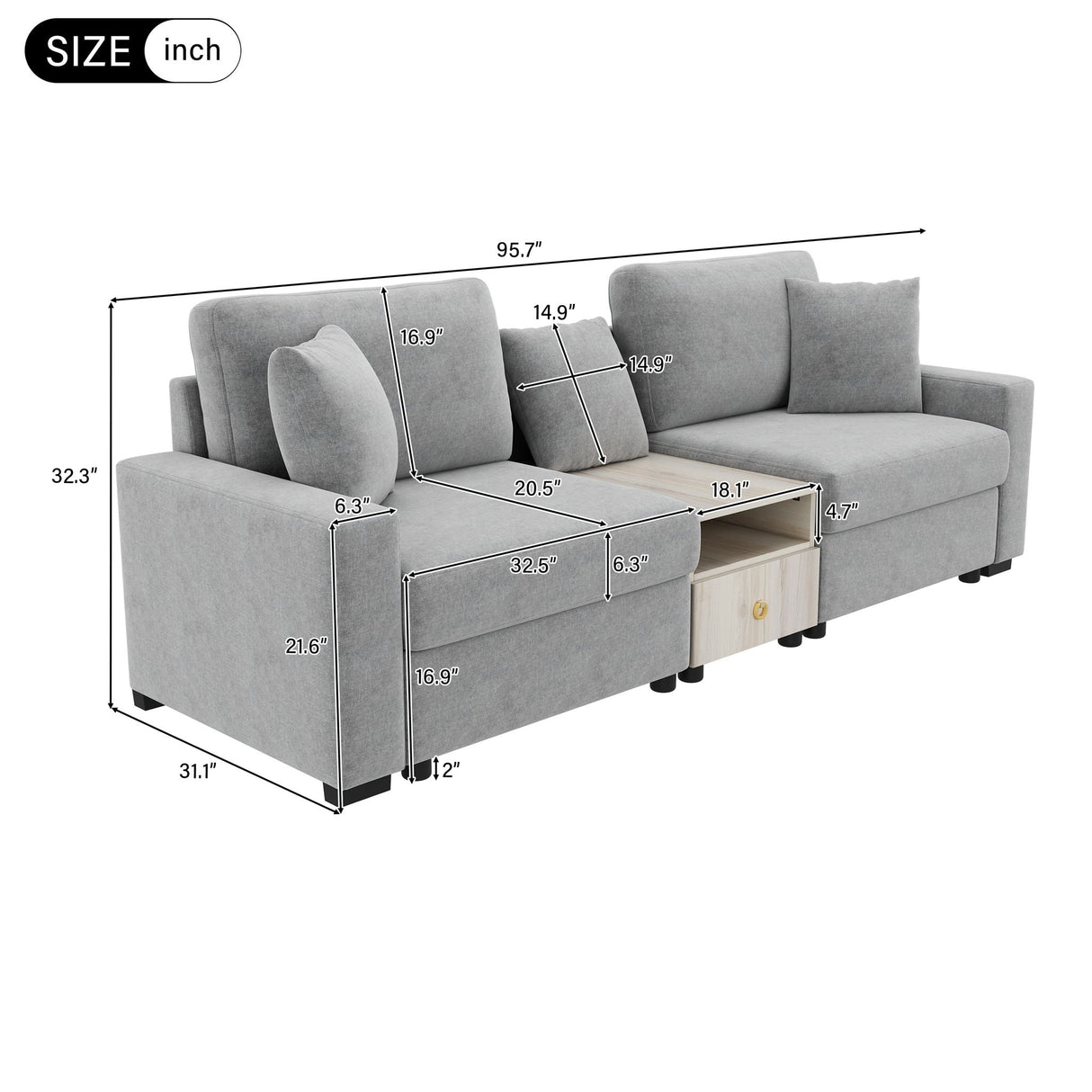 Modular Sofa Couch With Storage Armrest and Center Console