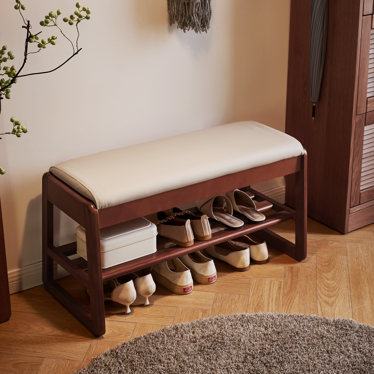 Wood Shoe Storage Bench with Premium Vegan Leather Seat