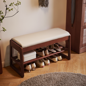 Wood Shoe Storage Bench with Premium Vegan Leather Seat