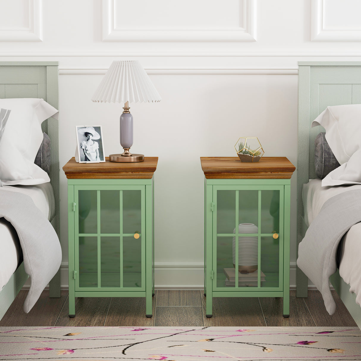 The Modernist Green Bedside Table with Solid Wood Top