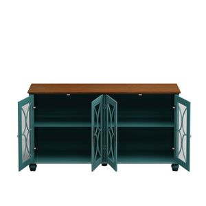 Elegant European Antique Style 4-Door Cabinet with Tempered Glass Doors, Dark Green MDF with Wood Veneer and Solid Wood Legs, 59.45L x 15.75W x 31.89H inches