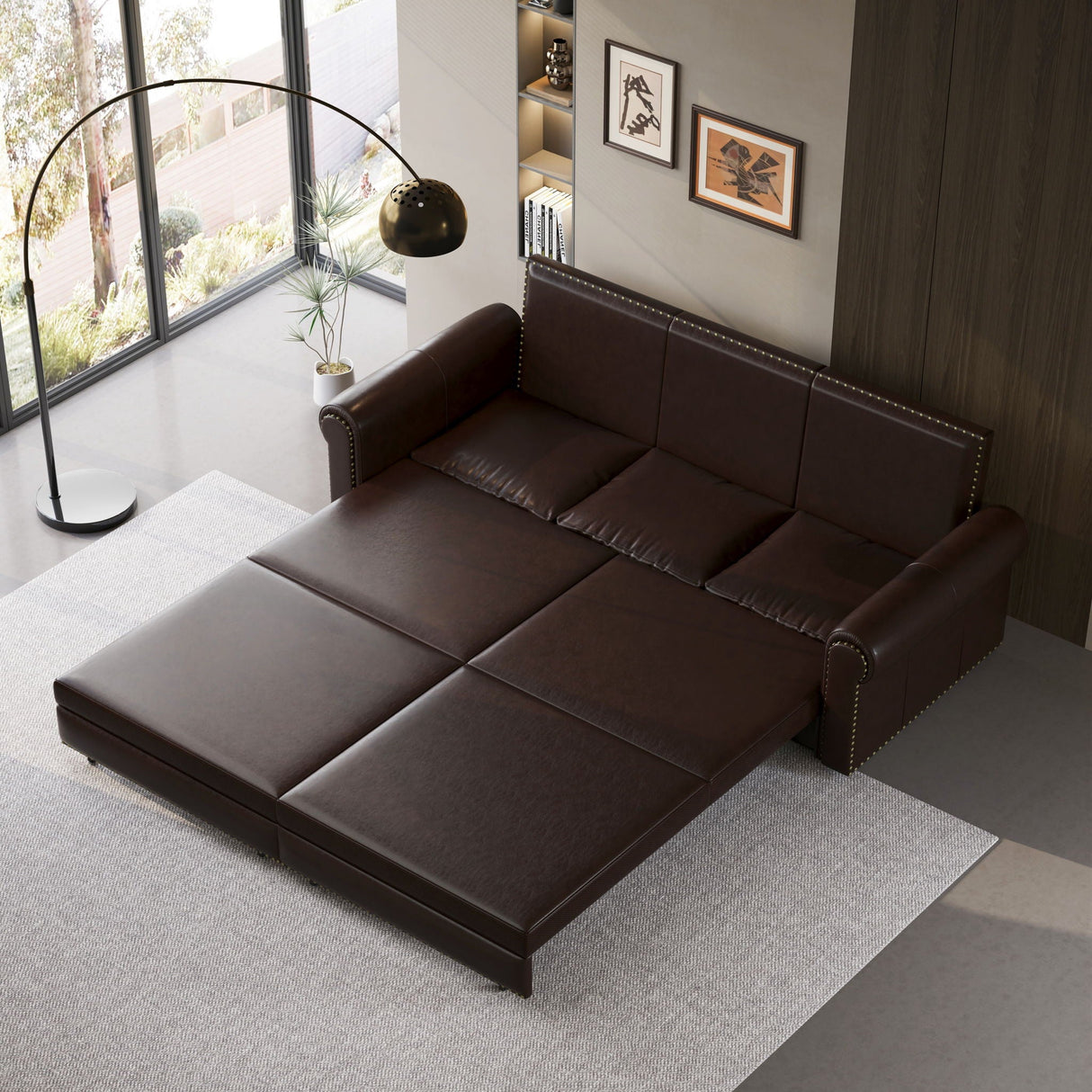 3 In 1 Convertible Sleeper Sofa With Nailhead Trim & Rolled Arm