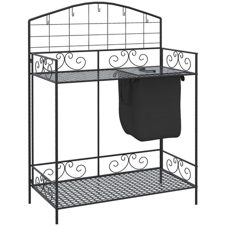 Metal  Folding Potting Bench Table, with Large Build-In Bag with Cover, 5 Hanging Hooks & Storage Shelf