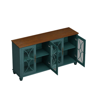 Elegant European Antique Style 4-Door Cabinet with Tempered Glass Doors, Dark Green MDF with Wood Veneer and Solid Wood Legs, 59.45L x 15.75W x 31.89H inches