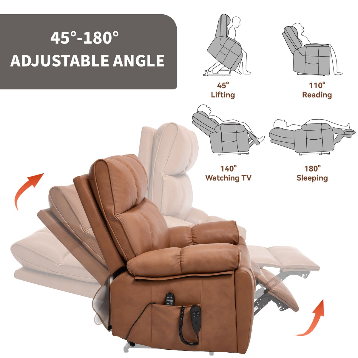 Orange Leatheraire Heat Massage Dual Motor Lift Recliner - Orange