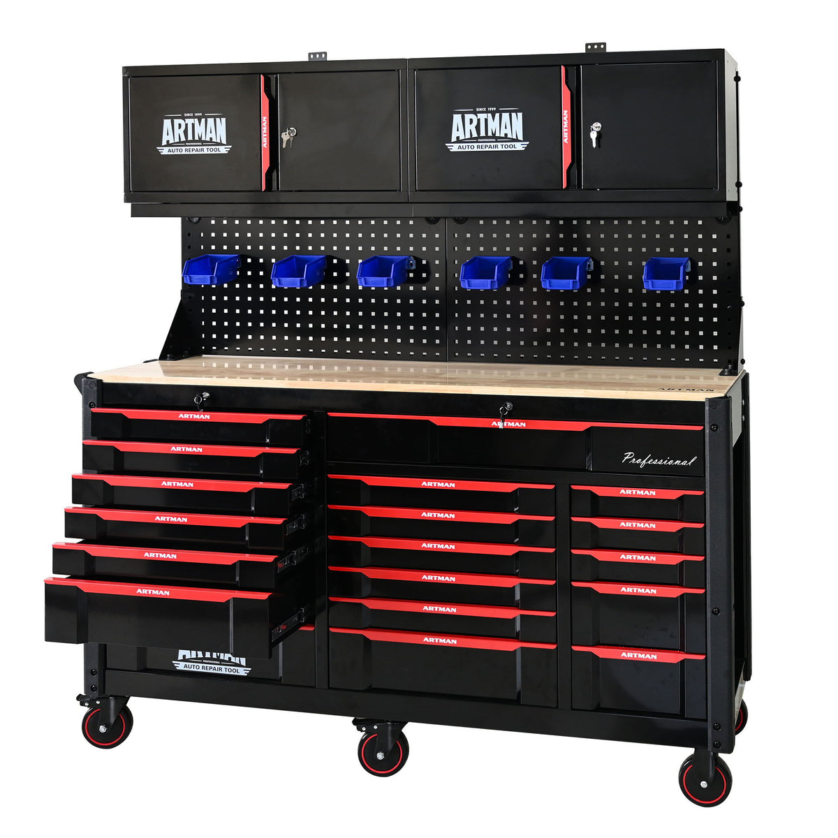 Heavy Duty Tool Cart With 19 Drawers, Tools Not Included, Mobile Storage For Workshop Or Laboratory - Black / Red