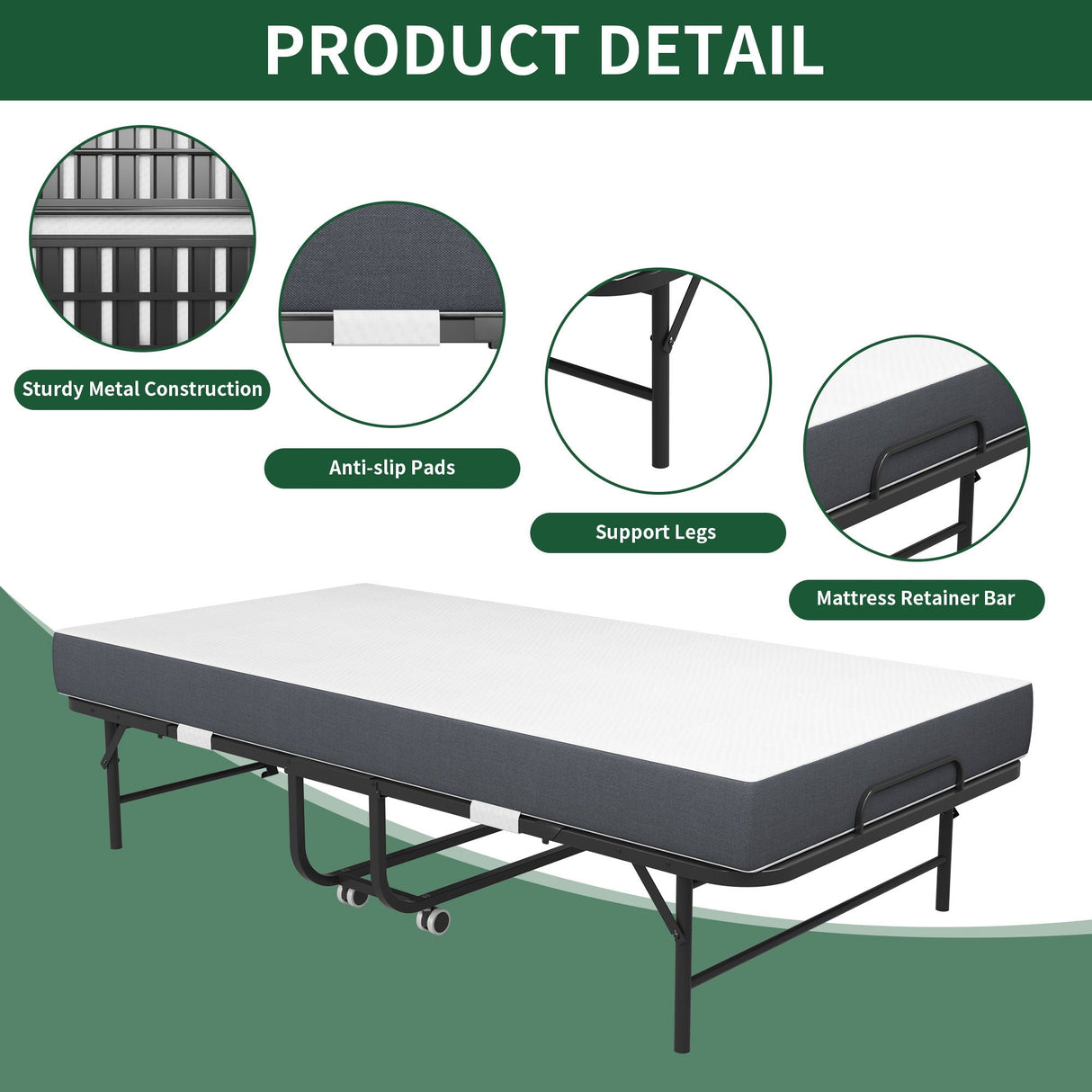Twin Extra Long Folding Bed For Tall People, Heavy-Duty Rollaway Guest With Memory Foam Mattress - Black
