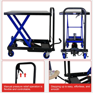 Hydraulic Lift Trolley, 500 Lbs Capacity, With 4 Wheels, For Material Handling And Transportation - Black / Blue