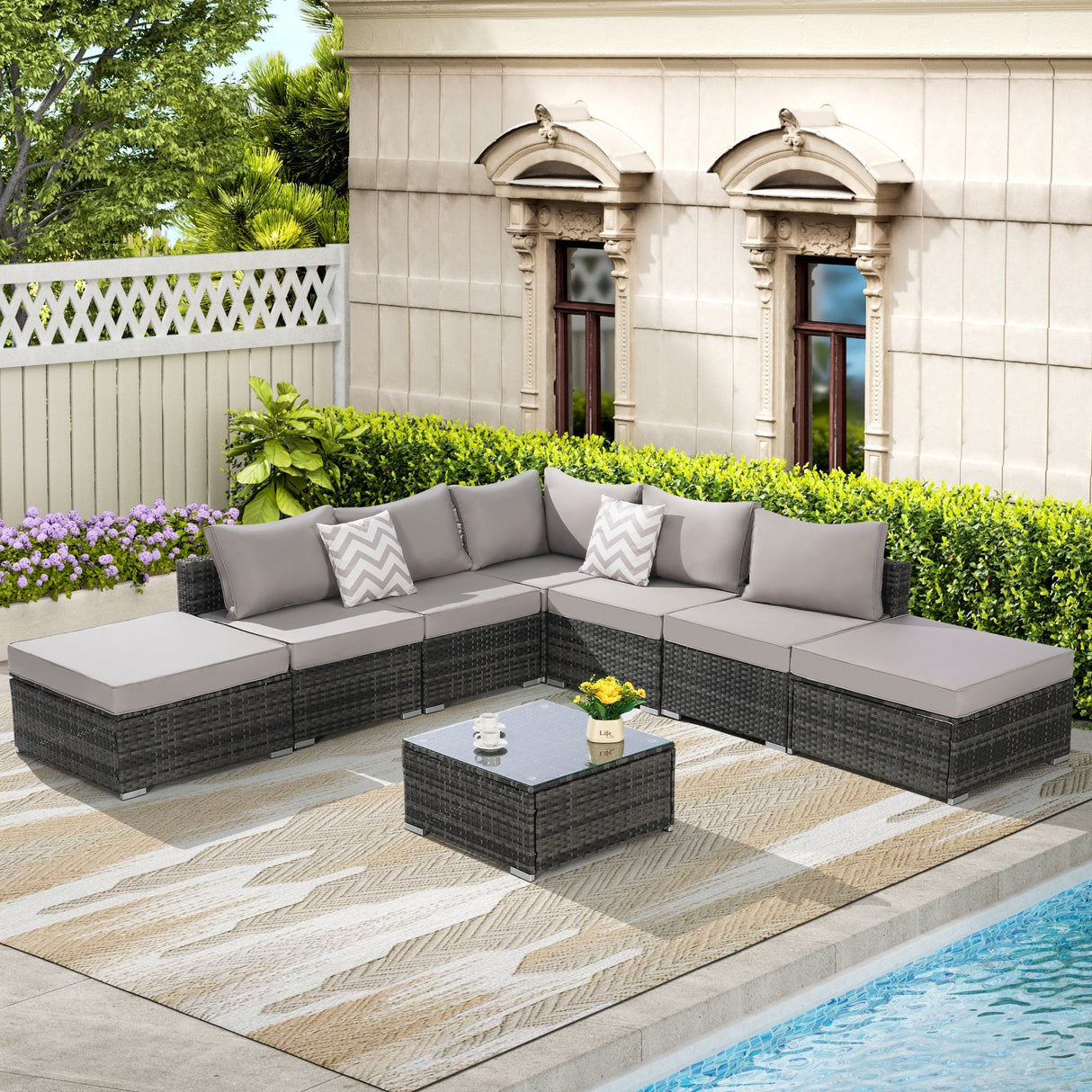 8 Pieces Outdoor Patio Sectional Sofa Couch,Wicker Furniture Conversation Sets with Washable Cushions & Glass Coffee Table for Garden, Poolside, Backyard