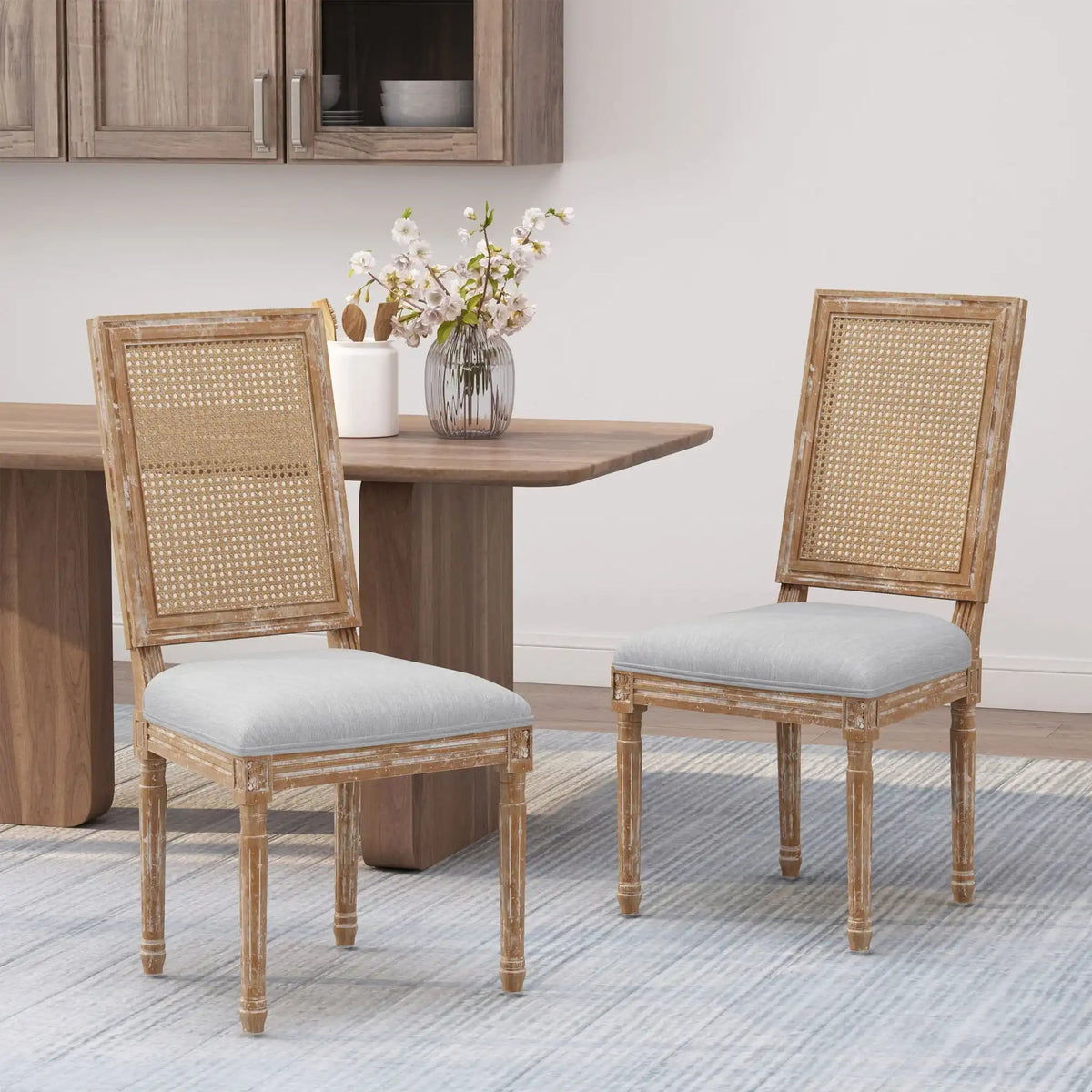 French Country Dining Chair With Rectangular Cane Backrest And Smooth Upholstered Seating