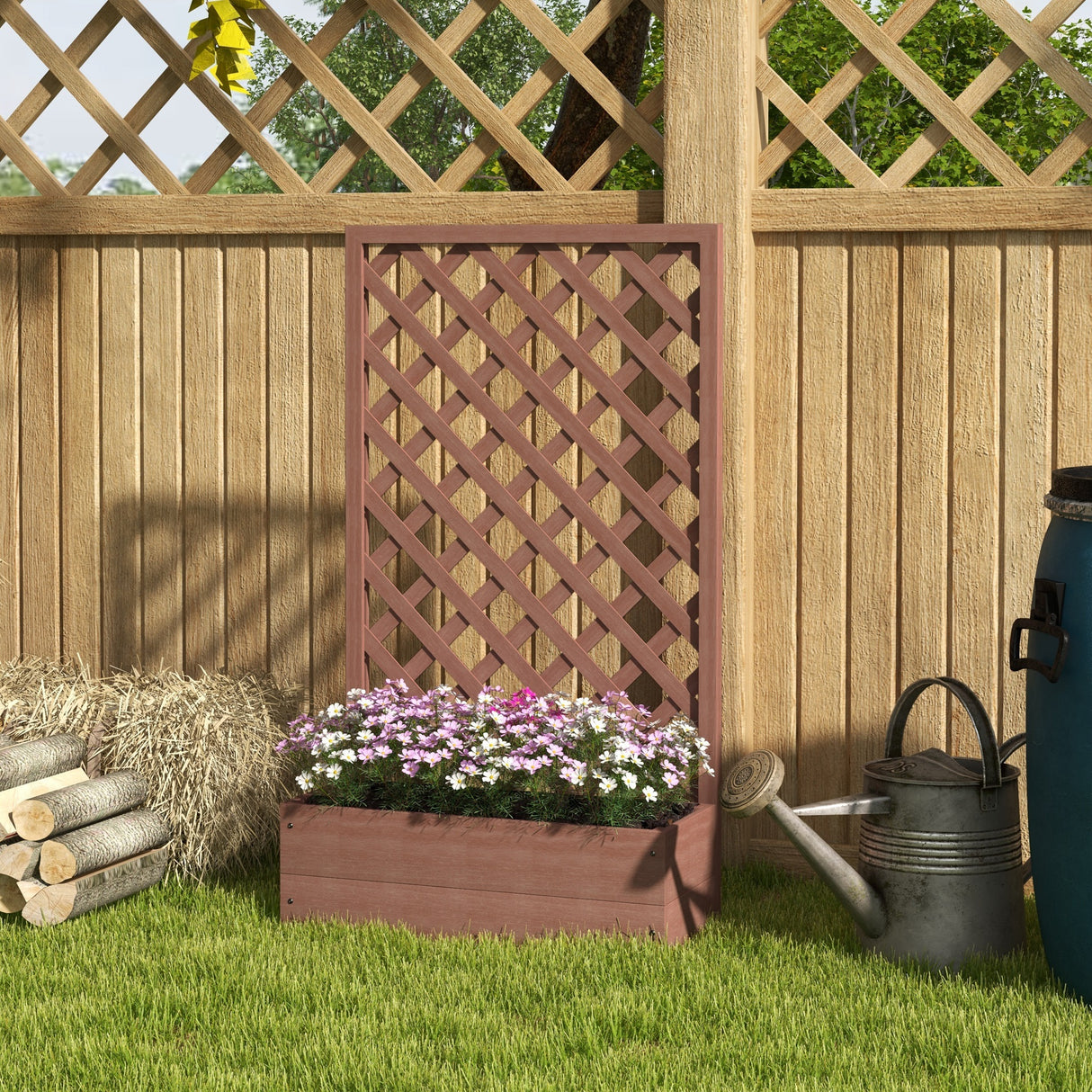 Raised-garden-bed-with-trellis-lattice,-wood-planter-box-with-self-draining-gap,--light-brown-Trellises
