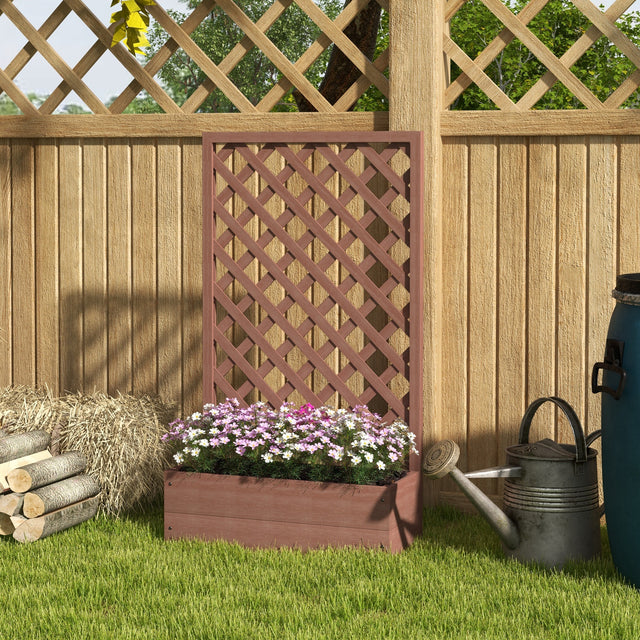 Raised-garden-bed-with-trellis-lattice,-wood-planter-box-with-self-draining-gap,--light-brown-Trellises