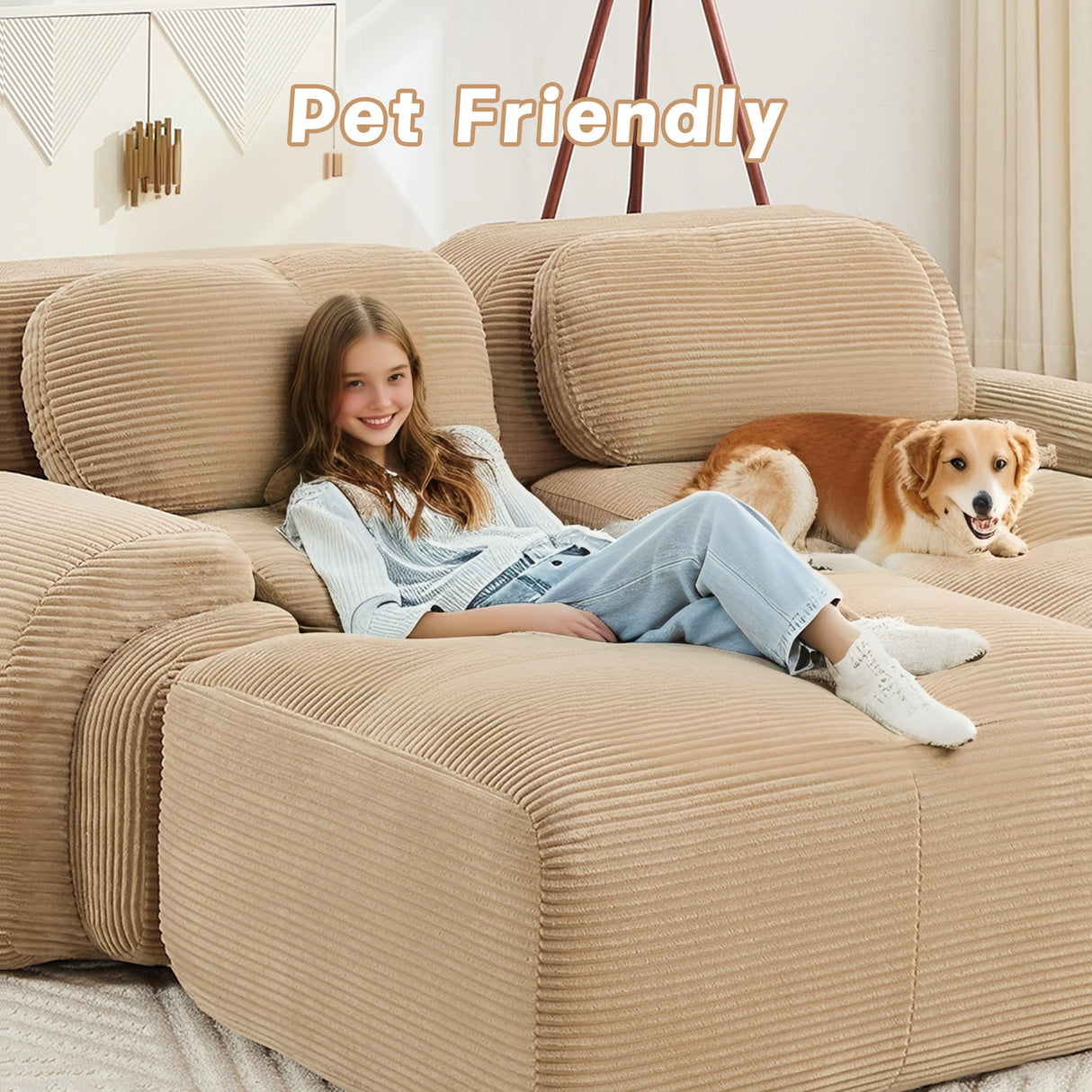 Three-Seat Modular Sofa With 3 Ottomans – Camel
