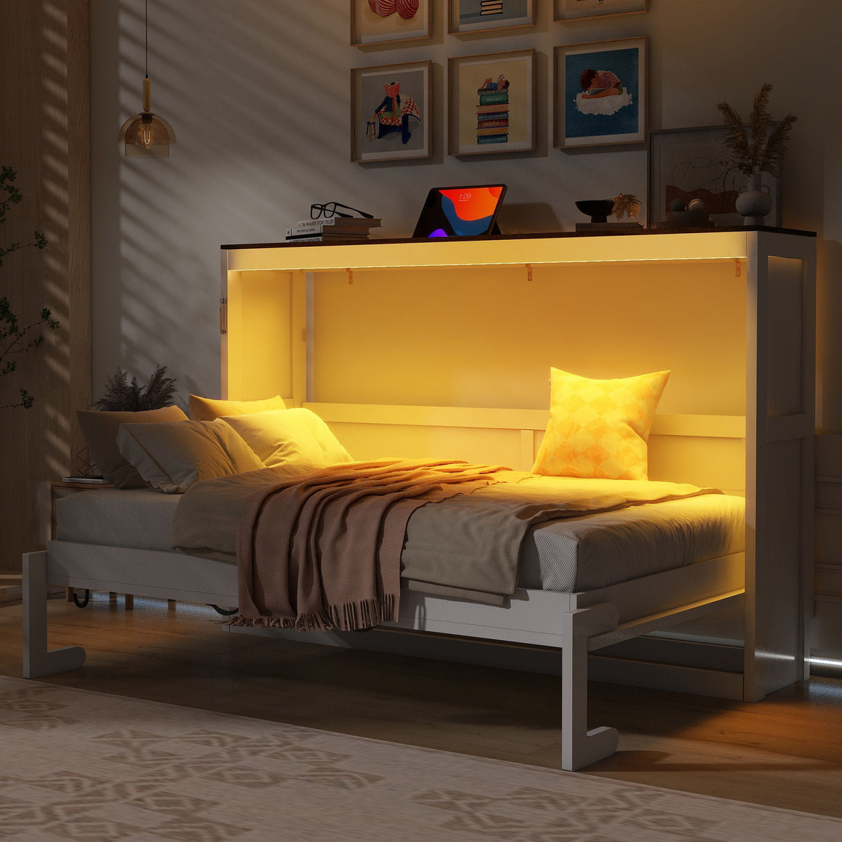 Murphy Bed with LED Light and Foldable Wall Cabinet
