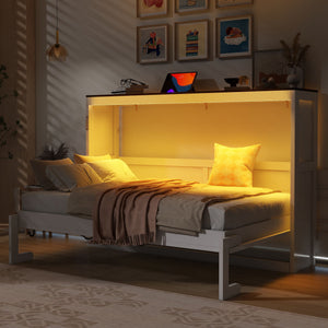 Murphy Bed with LED Light and Foldable Wall Cabinet