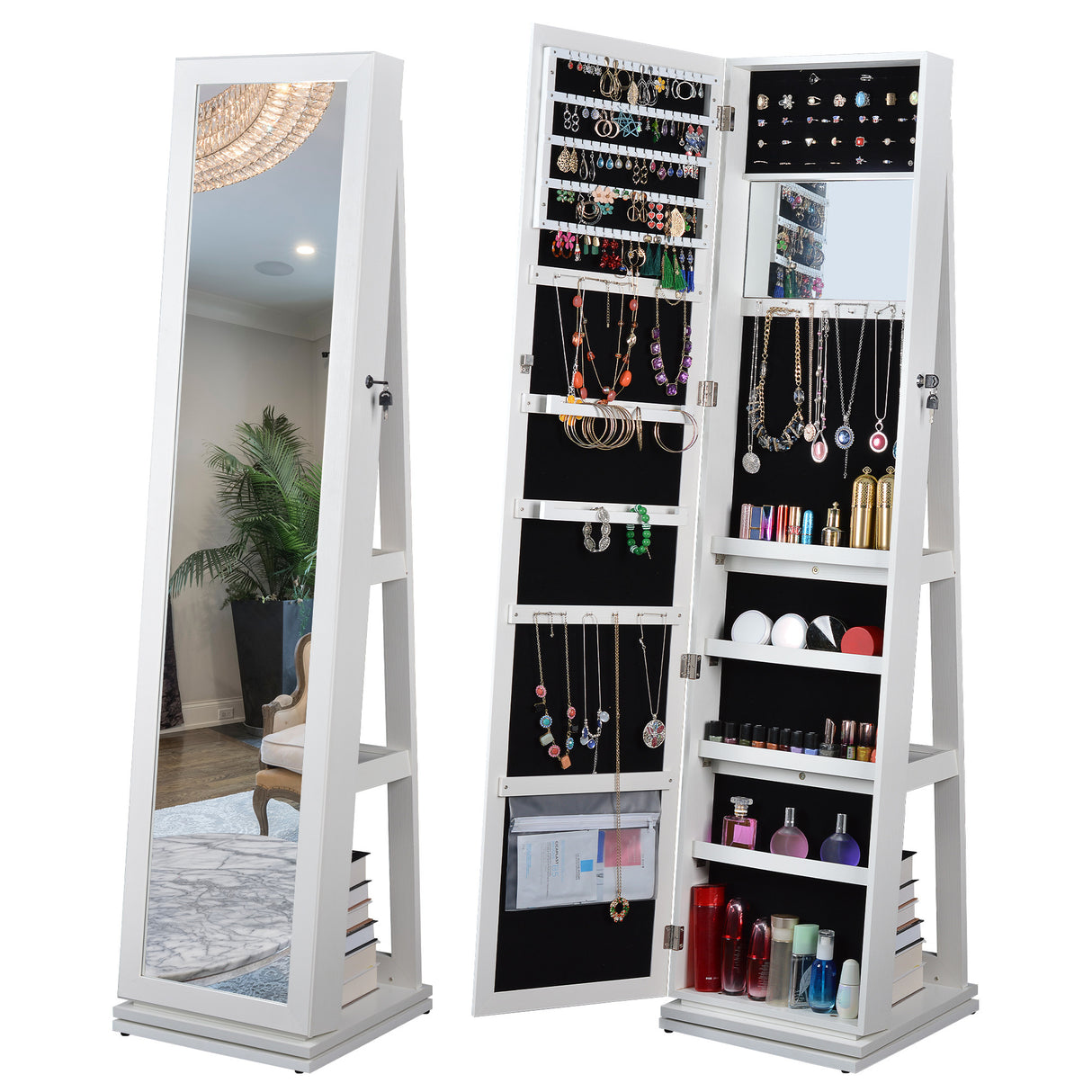 Full length mirror 360° swivel jewelry cabinet