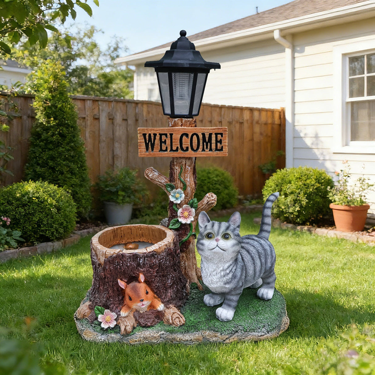 Cat Solar Planter Statue for Outdoor Decor