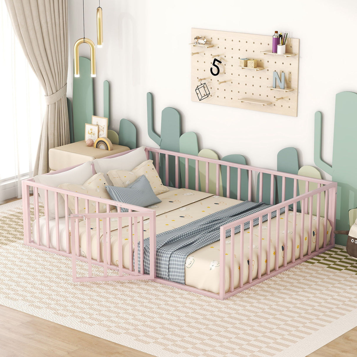 Metal Floor Bed Frame With Fence And Door