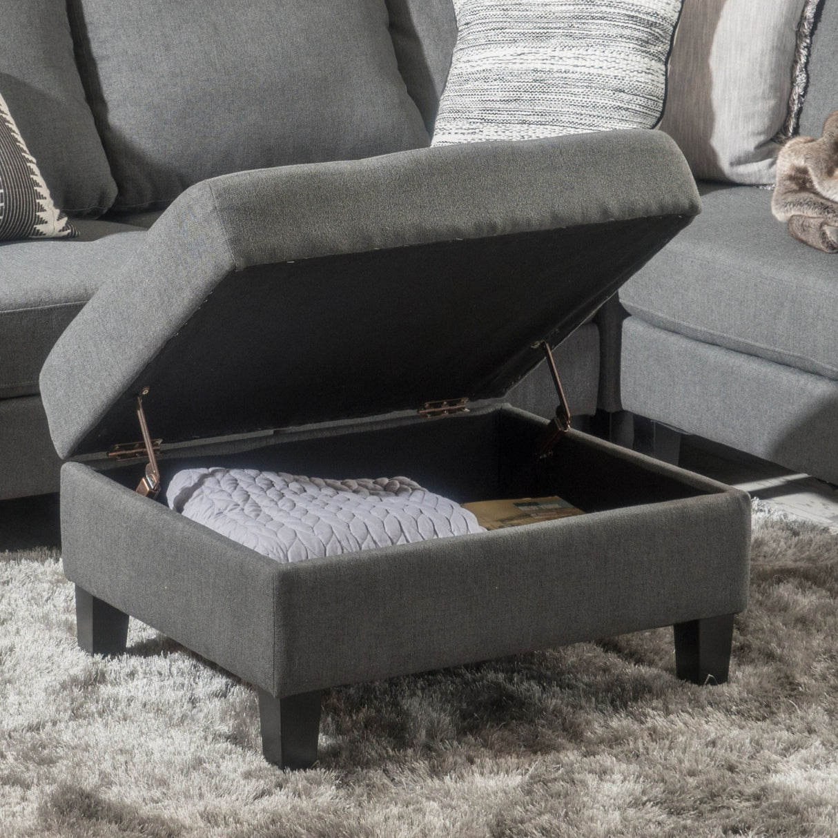 Storage Ottoman With Birch Wood Legs And Cushioned Top