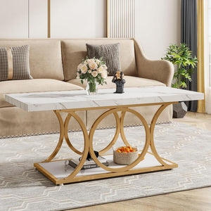 Rectangle Coffee Table, 2 Tier With Geometric Legs, Furniture With Storage Shelf - White / Gold