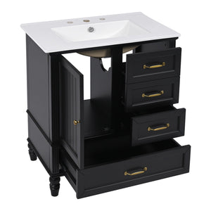 30" Bathroom Vanity With Sink, 3 Drawers, Adjustable Feet